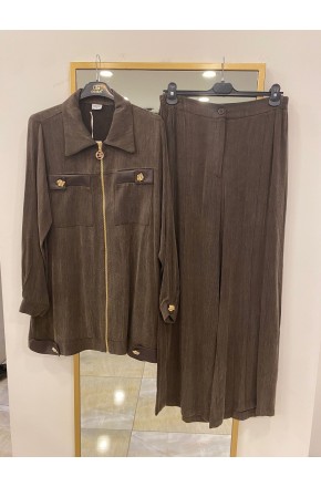 ikili ipek  cupra takım kahverengi